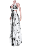 Gray Green Sexy Print Hollowed Out Spaghetti Strap Irregular Dress Dresses