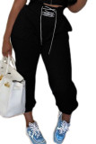 Black Polyester Drawstring Mid Solid Straight Pants Bottoms