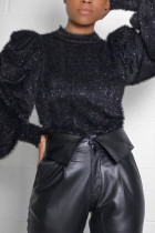 Black Polyester O Neck Long Sleeve Puff sleeve Patchwork asymmetrical Solid Long Sleeve Tops