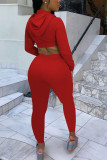 Red Fashion Sexy Adult Solid Hooded Collar Long Sleeve Cap Sleeve Short Two Pieces