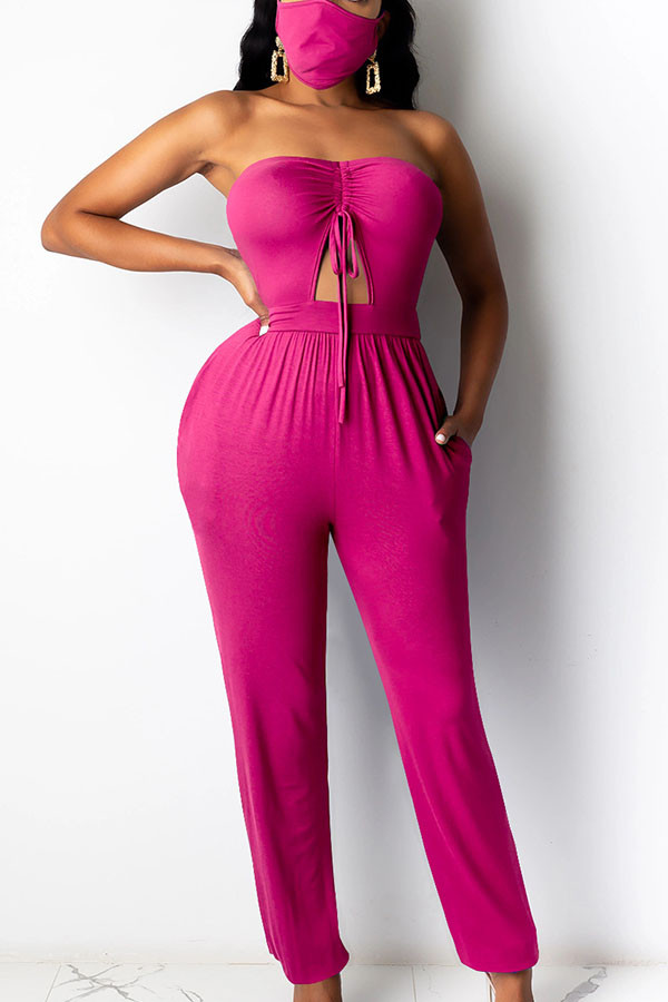 rose red Sexy bandage Solid Polyester Sleeveless Wrapped Jumpsuits
