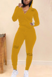 Yellow Fashion adult Ma'am Sweet Solid Burn-out Two Piece Suits pencil Long Sleeve Two Pieces