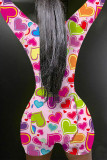 Pink Street Print Buttons V Neck Regular Rompers