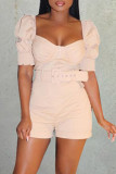 Beige Fashion Casual Solid Without Belt Square Collar Short Sleeve Two Pieces