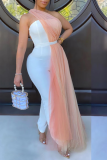 White Sexy Solid Mesh Strapless Skinny Jumpsuits