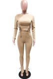 Khaki Fashion Casual Adult Solid Draw String Fold O Neck Long Sleeve Regular Sleeve Regular Two Pieces