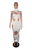 White Polyester Fashion adult Sexy Tank Sleeveless Turtleneck Step Skirt Mid-Calf Solid Print hollow out