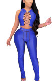 Royal blue Sexy Polyester Solid Split Joint Sleeveless Short Two Pieces