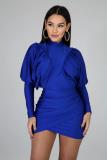 Blue adult Casual Fashion lantern sleeve Long Sleeves Mandarin Collar Asymmetrical Mini Solid P