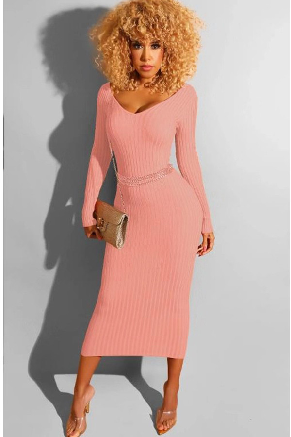 Pink Casual Cap Sleeve Long Sleeves V Neck A-Line Mid-Calf Patchwork Solid Long Sleeve Dresses