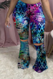 Turquoise Elastic Fly Mid Print Boot Cut Pants Bottoms