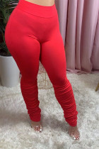 Red Polyester Elastic Fly Mid Solid Straight Pants Bottoms