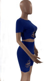 Blue Casual Solid Ripped Asymmetrical O Neck Short Sleeve Two Pieces