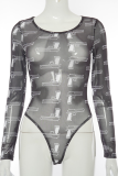 Black Sexy Print Split Joint O Neck Skinny Jumpsuits