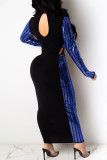 Blue Sexy Solid Hollowed Out Sequins Split Joint Frenulum O Neck Pencil Skirt Dresses