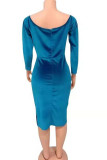 Light Blue England Cap Sleeve Long Sleeves V Neck cake dress Knee-Length Patchwork Solid Print Draped