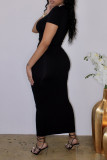 Black Fashion Sexy Solid Ripped Hollowed Out O Neck Short Sleeve Dress