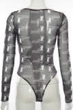 Black Casual Print O Neck Regular Bodysuits