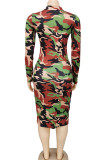 Green Polyester Europe and America Cap Sleeve Long Sleeves O neck Step Skirt Mid-Calf Patchwork Solid Prin