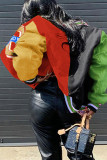 multicolor Street Polyester Patchwork Print Buckle O Neck Outerwear