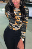Camouflage Casual Print O Neck Tops
