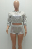 Silver Elastic Fly Mid Solid Patchwork pencil shorts Two-piece suit