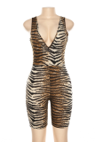 Tiger Pattern Sexy Animal Print Split Joint V Neck Skinny Jumpsuits