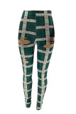 Green Casual Plaid Print Ripped Without Belt Regular Mid Waist Pencil Bottoms