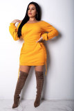 Yellow Sexy Fashion One Shoulder Long Sleeves One word collar Hip skirt skirt backless eyelet bandage Club