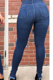 Dark Blue Denim Zipper Fly Mid Hole washing pencil Pants Bottoms