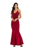 Red Polyester Fashion adult Sexy Spaghetti Strap Sleeveless Slip Slim Dress Floor-Length Patchwork Solid