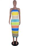 Blue Sexy Off The Shoulder Sleeveless Wrapped chest Step Skirt Mid-Calf Striped Club Dresses