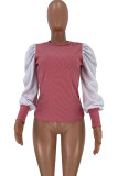Pink Polyester O Neck Long Sleeve Patchwork Solid Long Sleeve Tops