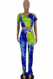 Blue venetian Fashion Sexy Tie Dye Two Piece Suits pencil Short Sleeve Two Pieces