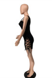 Black Fashion Sexy Solid Hollowed Out Strap Design U Neck Vest Dress