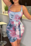 Blue Fashion Sexy Print Tie-dye Square Collar Regular Romper