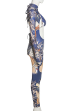 Blue Sexy Print Split Joint Half A Turtleneck Long Sleeve Two Pieces