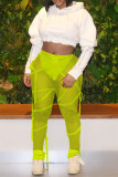 Fluorescent Green Fashion Sexy Solid Draw String See-through Regular Mid Waist Trousers