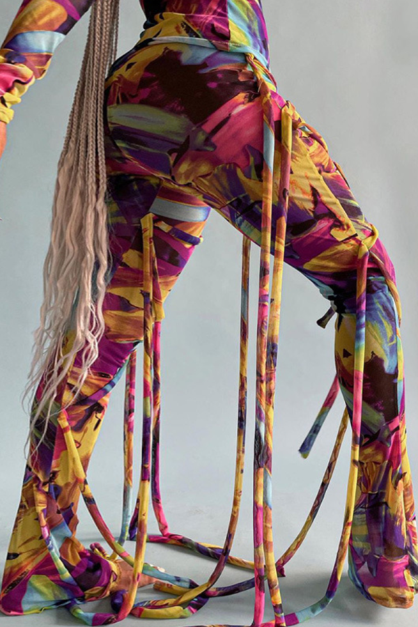 Colour Sportswear Print Tassel Boot Cut Mid Waist Speaker Bottoms