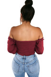 White V Neck Long Sleeve Patchwork crop top Solid