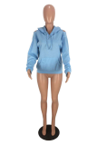 Baby Blue Casual Solid Patchwork Hooded Collar Tops