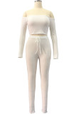 White Fashion Sexy Adult Polyester Solid Split Joint Bateau Neck Long Sleeve Regular Sleeve Short Two Pieces