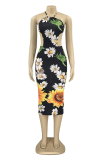 Black Sexy Print Frenulum Halter Pencil Skirt Dresses