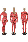 Red and white Living Print V Neck Skinny Jumpsuits