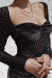 Black Sexy Leopard See-through Square Collar Skinny Bodysuits