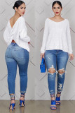 White O Neck Long Sleeve Solid 