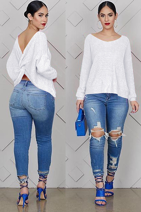 White O Neck Long Sleeve Solid 