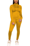 Yellow Fashion Sportswear Adult Polyester Solid Split Joint O Neck Long Sleeve Regular Sleeve Regular Two Pieces