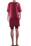Wine Red Polyester Casual Solid pencil Half Sleeve Two Pieces