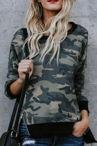 Green Sexy Camouflage Print Split Joint O Neck Tops